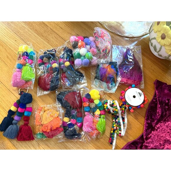 Colorful Pom Pom Tassel Lot  Trim & Feather For Crafting Keychains Decor Fiesta - Picture 1 of 7